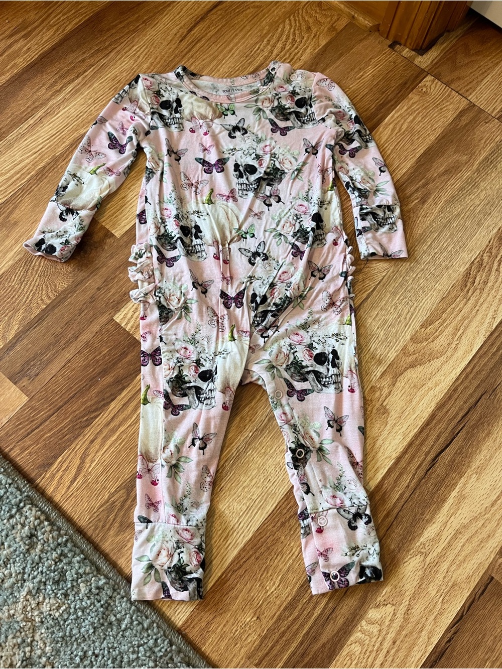 Posh Peanut Ruffled Long Sleeve Romper Pink Floral and Skull Francesca 18-24 mth